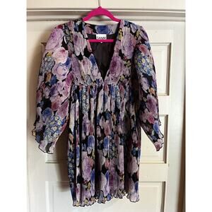 Ganni Black/Purple floral mini dress. Loose sleeves.